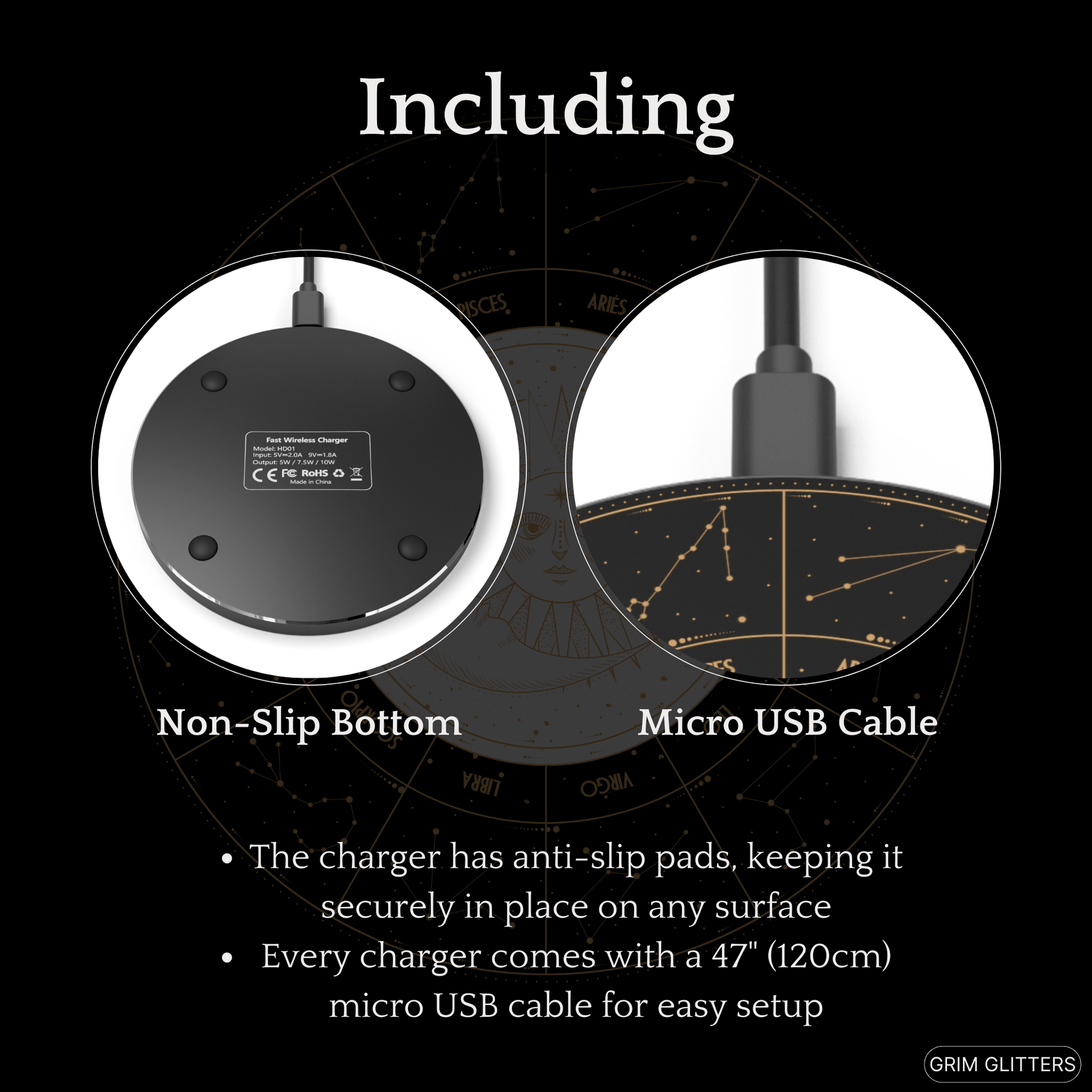 Astrology Zodiac Signs Wireless Charger - Sun and Moon Illustration - Qi Charging - Grim GlittersWireless ChargersRoundOne size