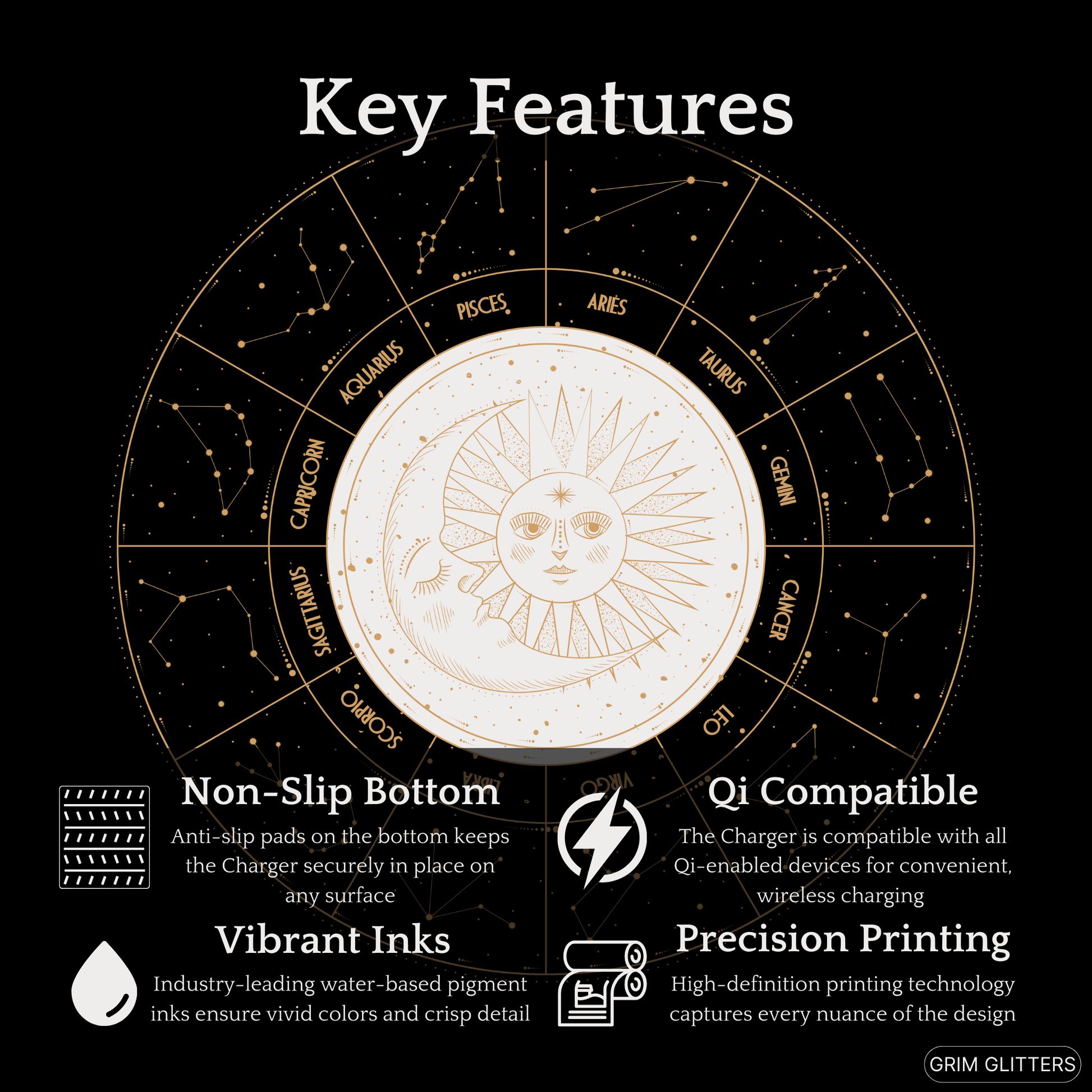 Astrology Zodiac Signs Wireless Charger - Sun and Moon Illustration - Qi Charging - Grim GlittersWireless ChargersRoundOne size