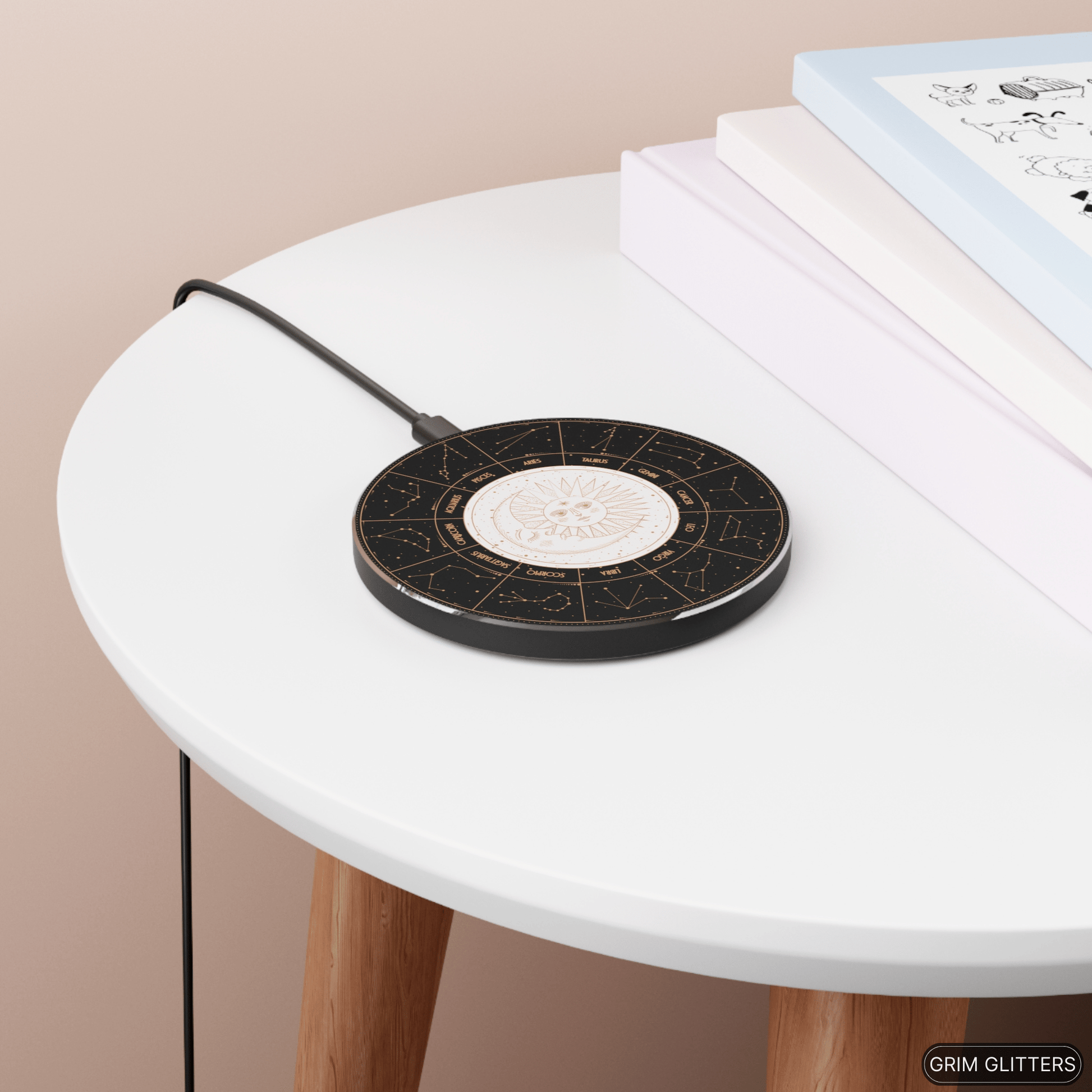 Astrology Zodiac Signs Wireless Charger - Sun and Moon Illustration - Qi Charging - Grim GlittersWireless ChargersRoundOne size