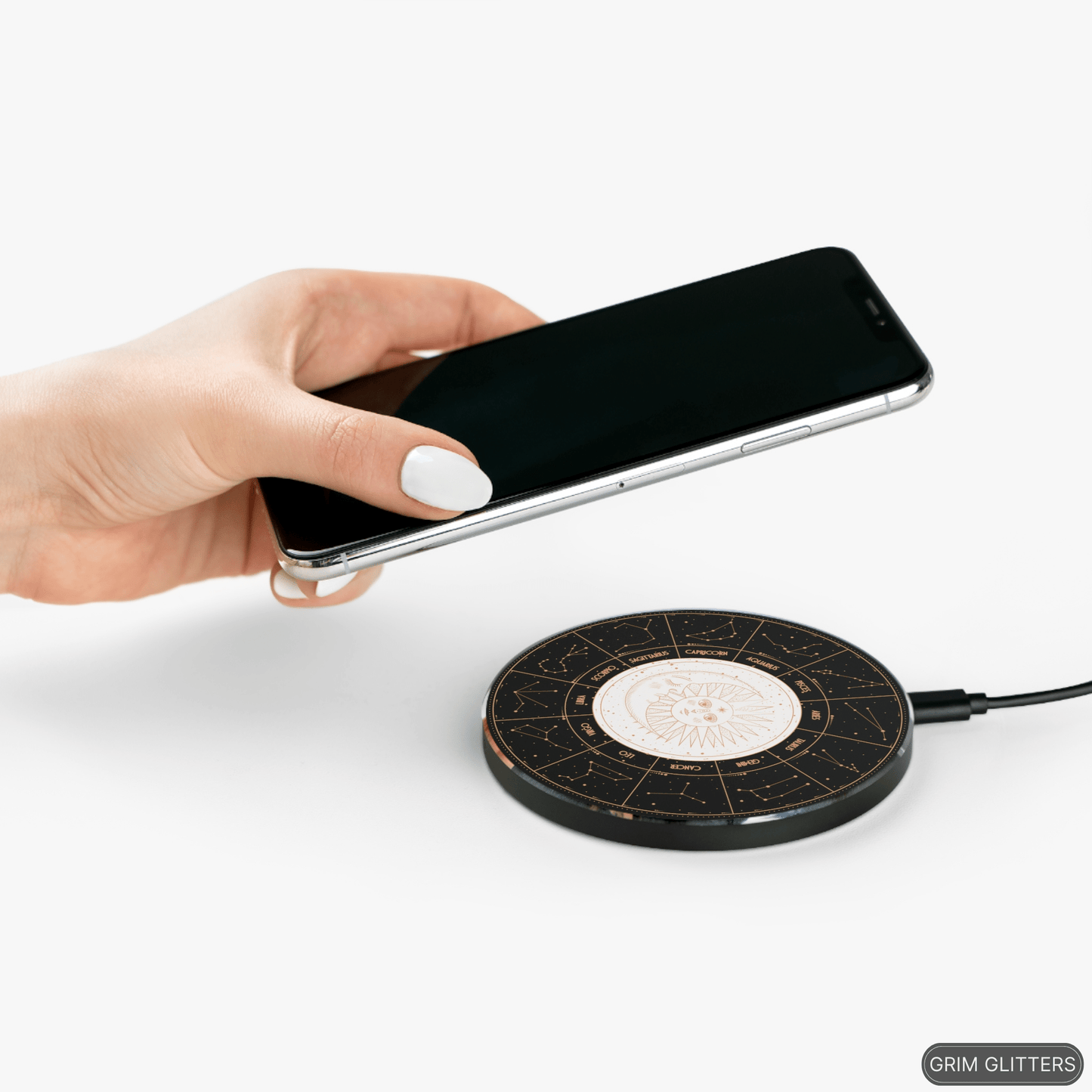 Astrology Zodiac Signs Wireless Charger - Sun and Moon Illustration - Qi Charging - Grim GlittersWireless ChargersRoundOne size