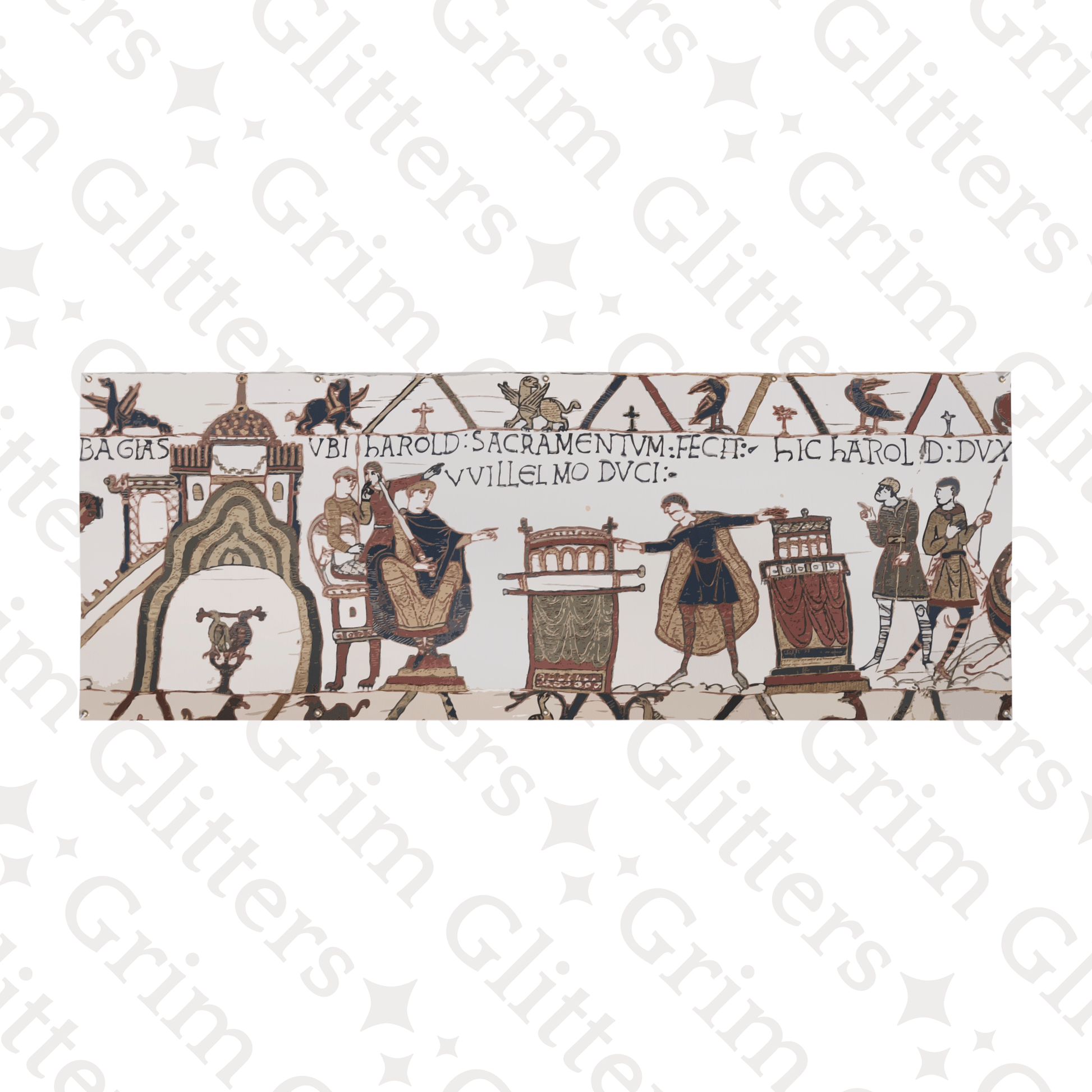 Bayeux Tapestry Banner - Harold Swearing Oath on Holy Relics - Grim GlittersBanners48″ x 24″ (Horizontal)