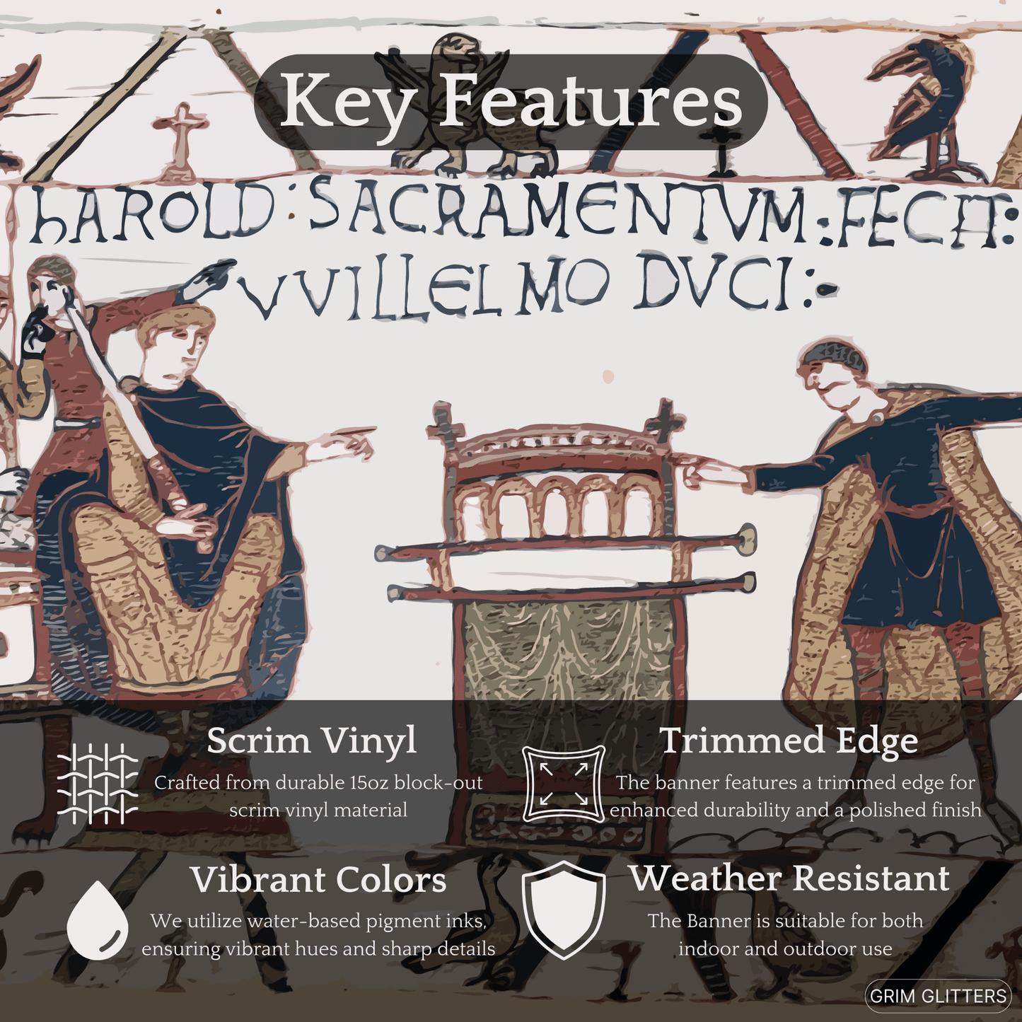 Bayeux Tapestry Banner - Harold Swearing Oath on Holy Relics - Grim GlittersBanners48″ x 24″ (Horizontal)