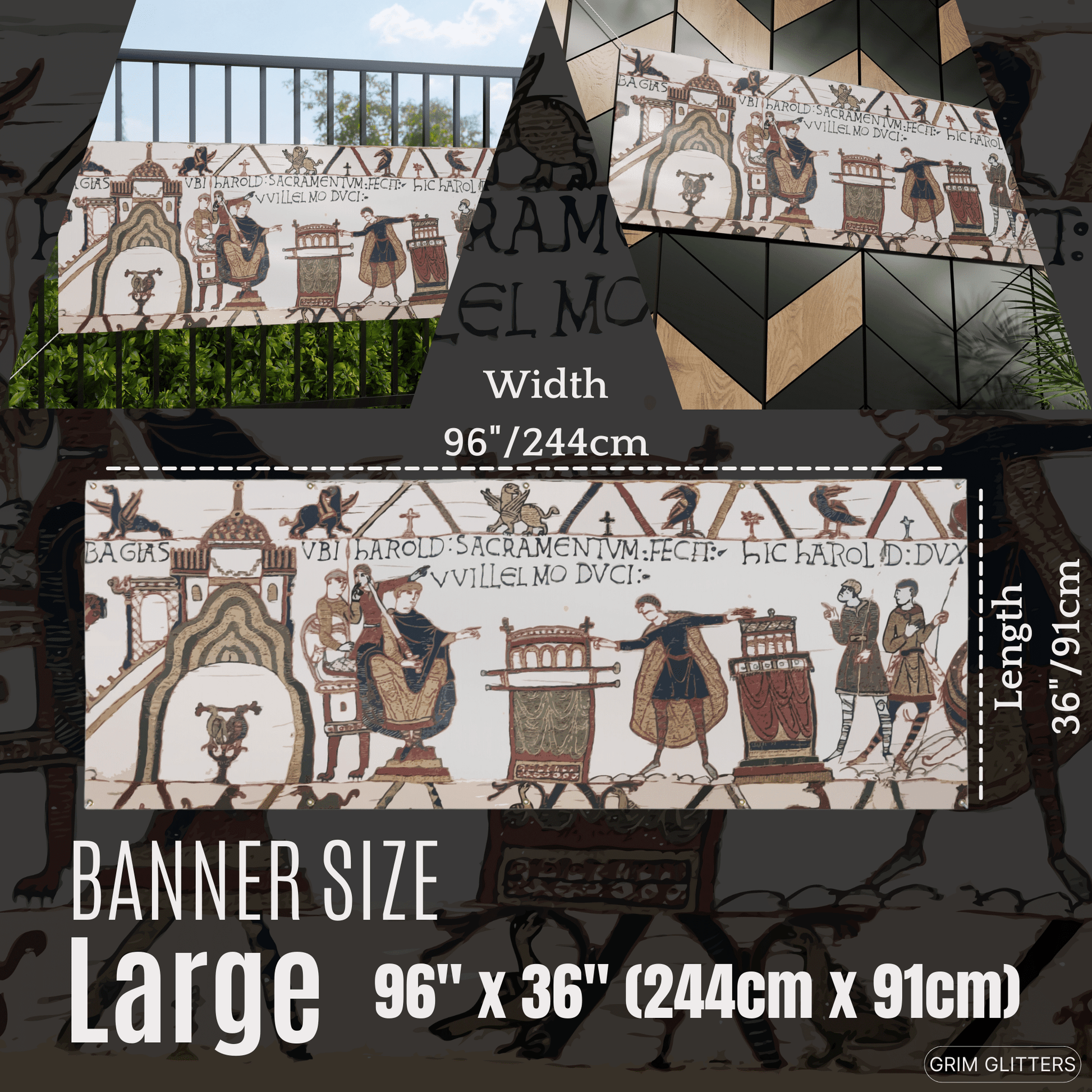 Bayeux Tapestry Banner - Harold Swearing Oath on Holy Relics - Grim GlittersBanners96″ x 36″ (Horizontal)