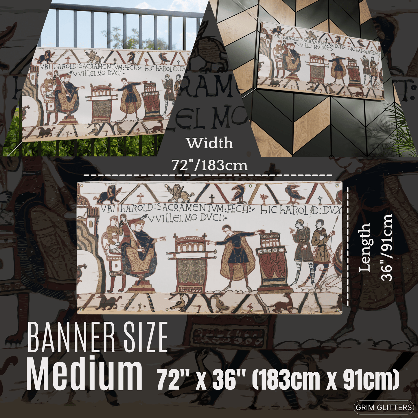 Bayeux Tapestry Banner - Harold Swearing Oath on Holy Relics - Grim GlittersBanners72″ x 36″ (Horizontal)