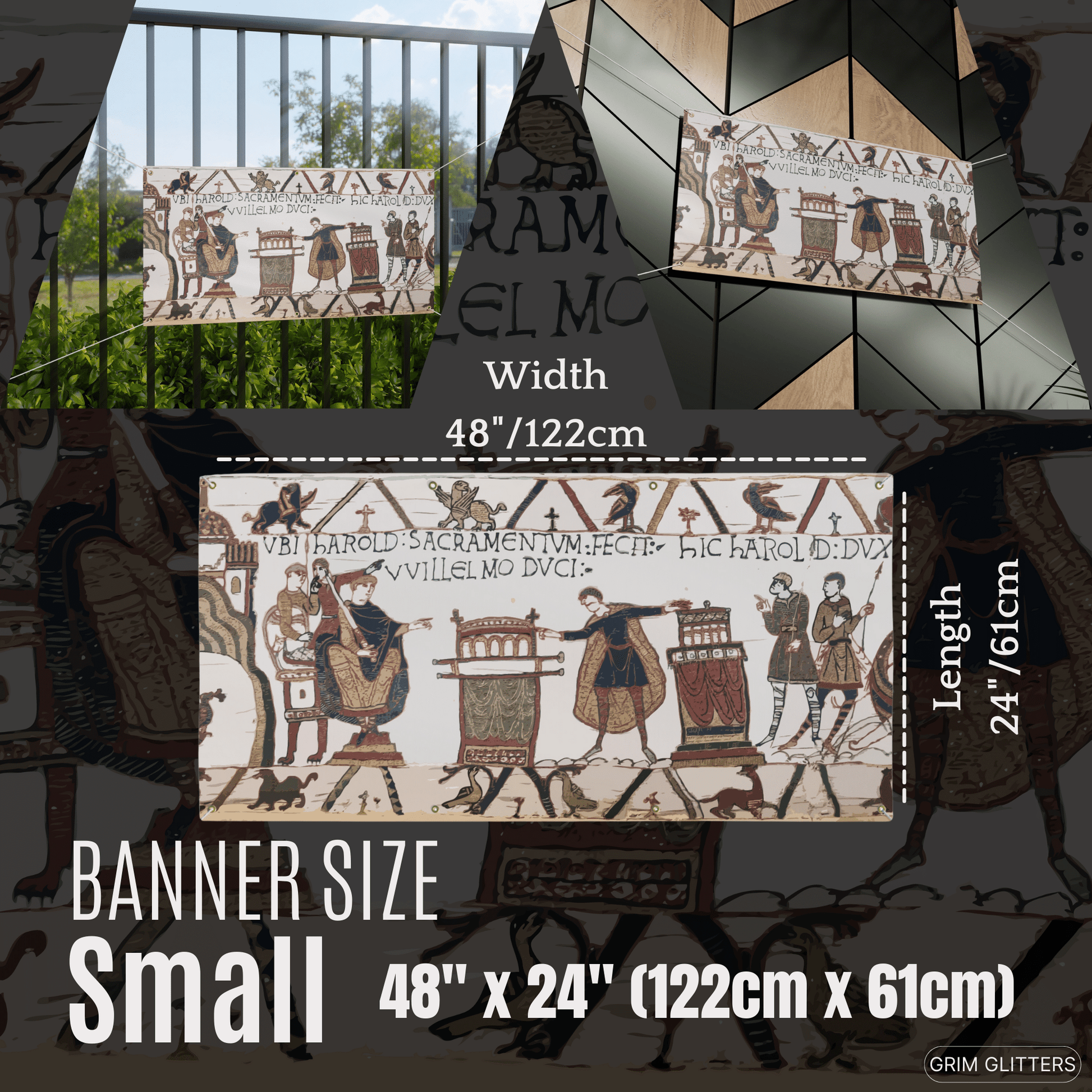 Bayeux Tapestry Banner - Harold Swearing Oath on Holy Relics - Grim GlittersBanners48″ x 24″ (Horizontal)