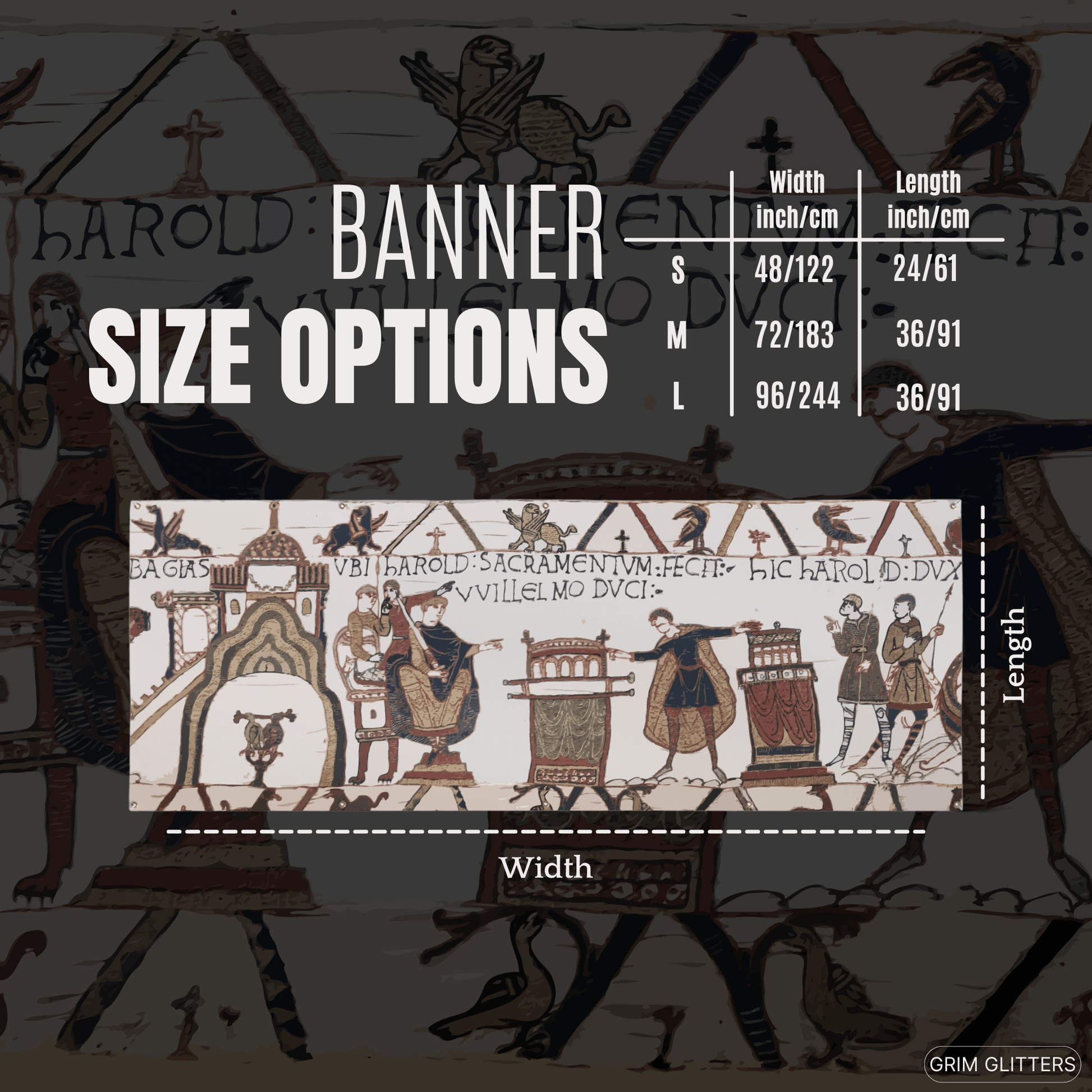 Bayeux Tapestry Banner - Harold Swearing Oath on Holy Relics - Grim GlittersBanners48″ x 24″ (Horizontal)