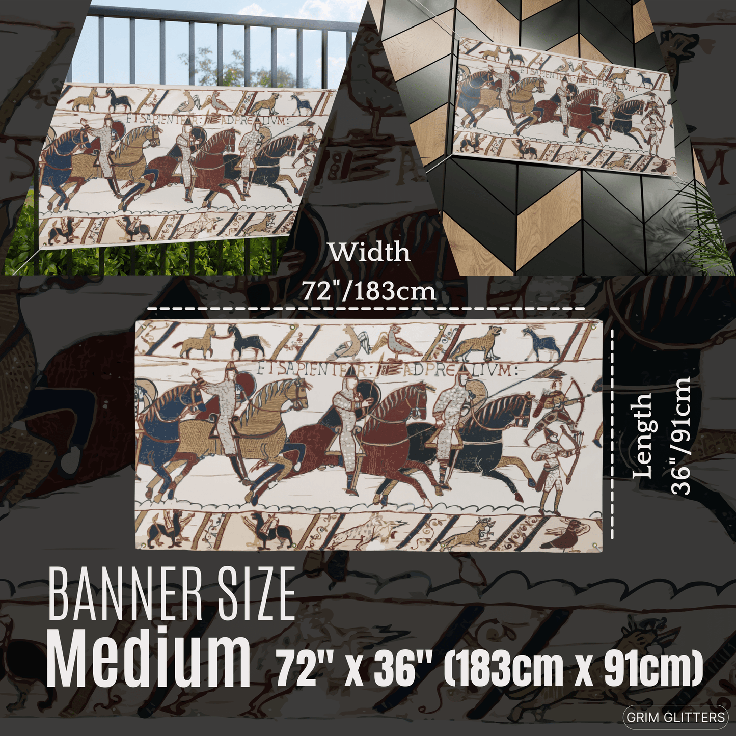 Bayeux Tapestry Banner - The Battle of Hastings - Norman Knights and Archers - Grim GlittersBanners72″ x 36″ (Horizontal)