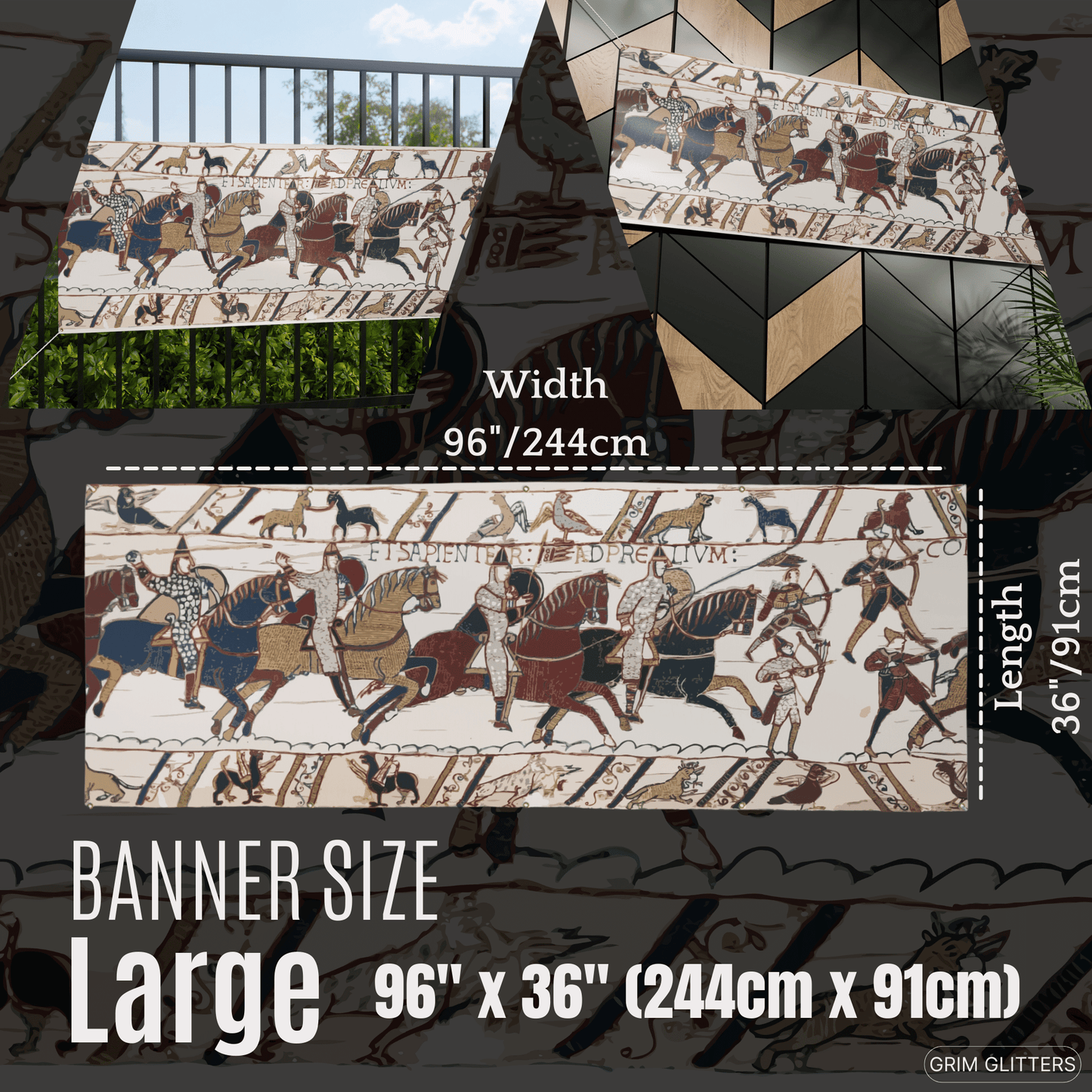 Bayeux Tapestry Banner - The Battle of Hastings - Norman Knights and Archers - Grim GlittersBanners96″ x 36″ (Horizontal)