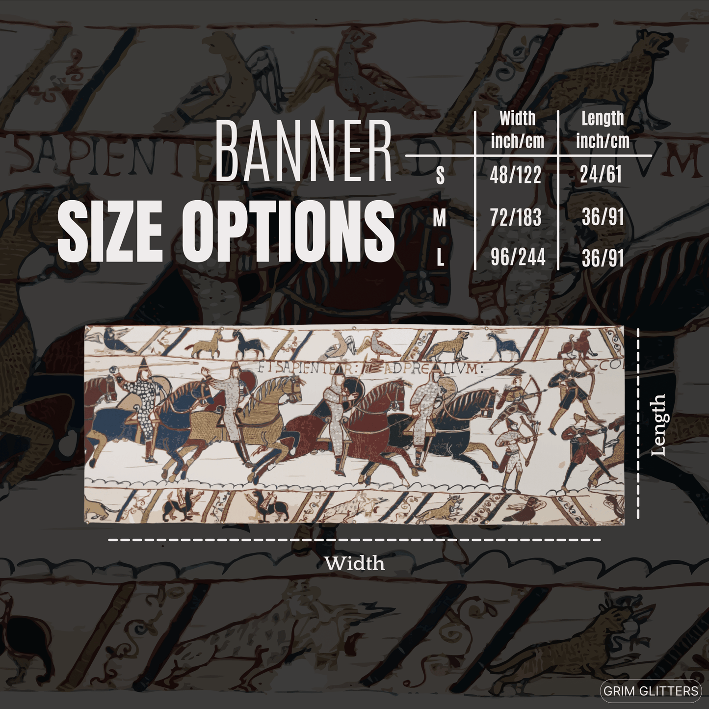 Bayeux Tapestry Banner - The Battle of Hastings - Norman Knights and Archers - Grim GlittersBanners48″ x 24″ (Horizontal)