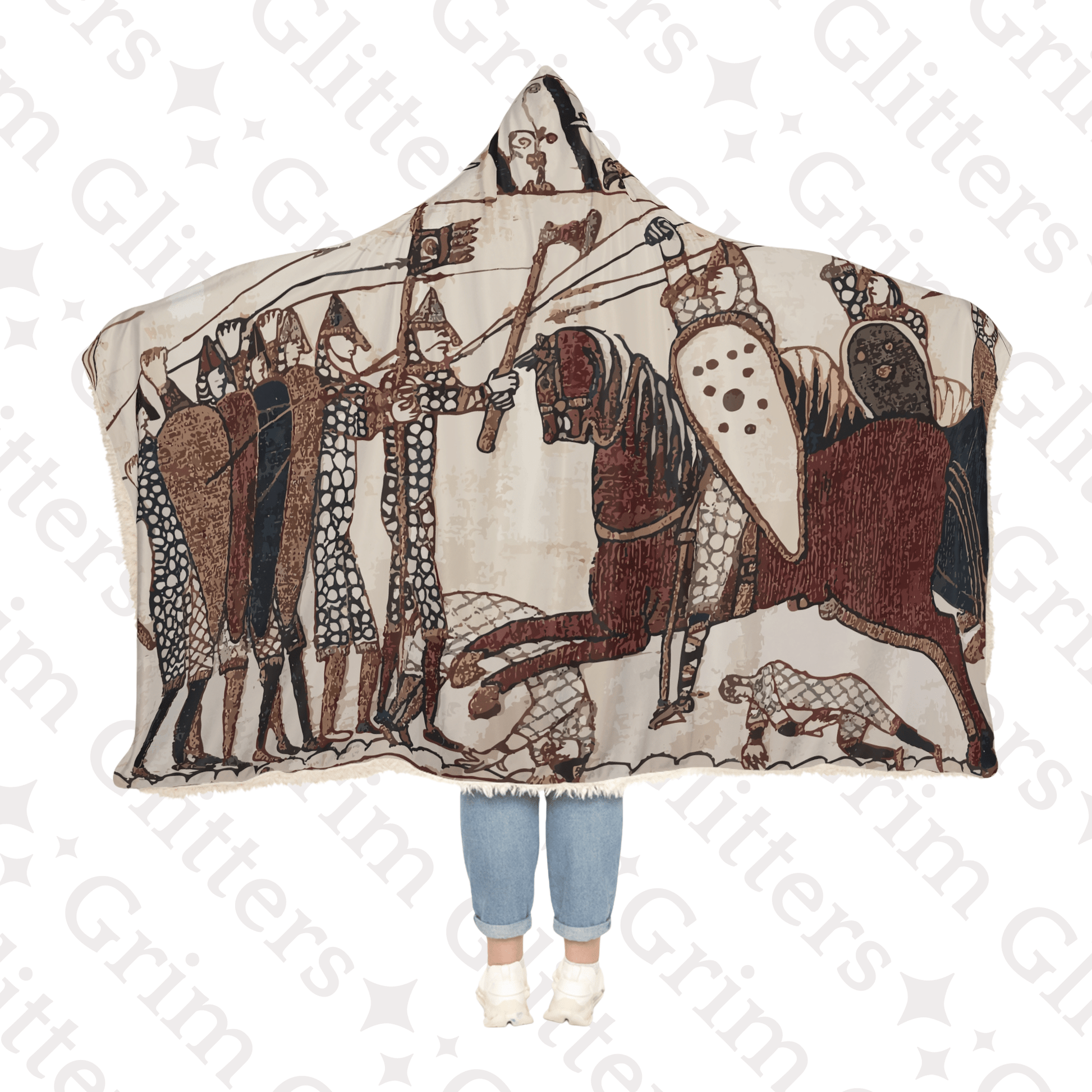 Bayeux Tapestry Snuggle Cloak - Norman Knights Charge Anglo - Saxon Warriors - Grim GlittersSnuggle Cloak80" × 55"Microfiber Fleece