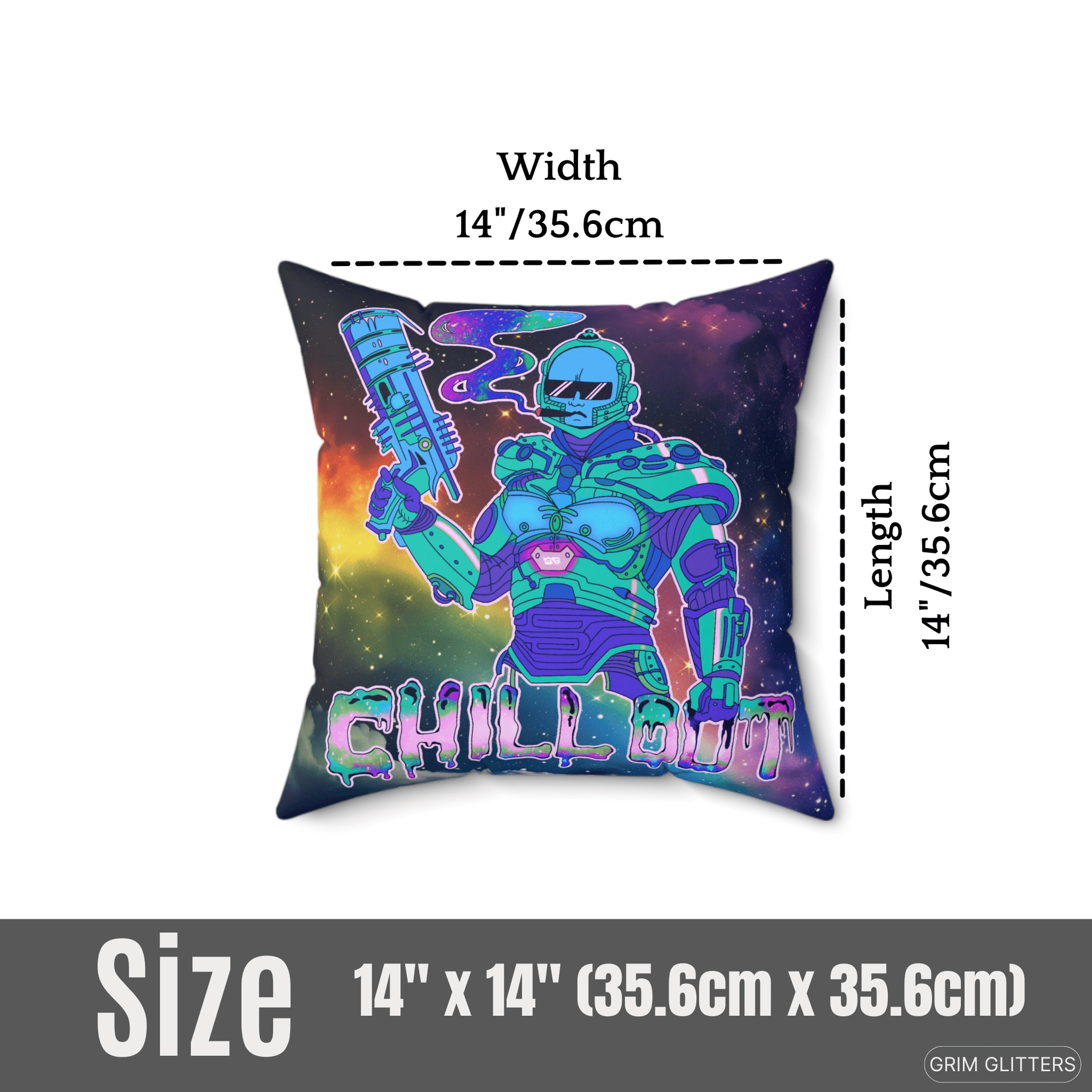 Chill Out Space Dude Square Pillow - Grim GlittersHome Decor14" × 14"