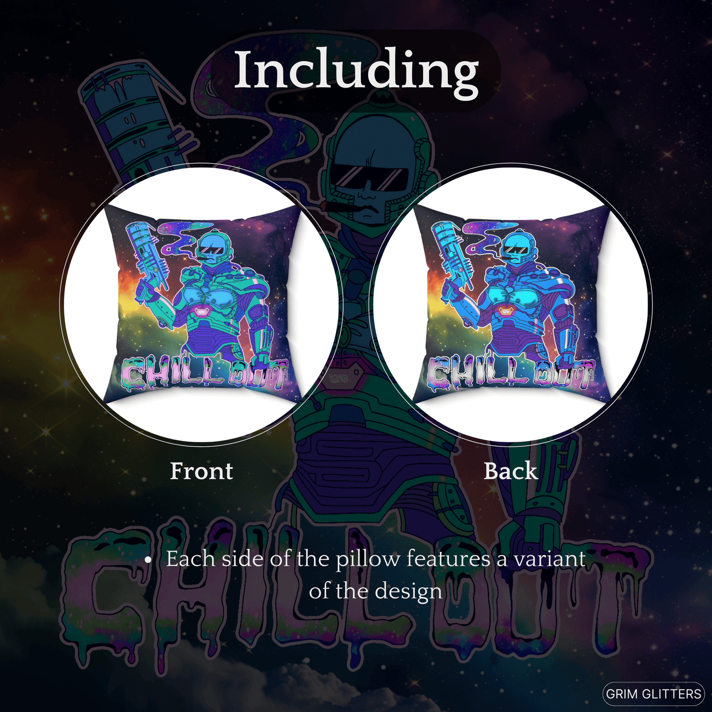 Chill Out Space Dude Square Pillow - Grim GlittersHome Decor20" × 20"