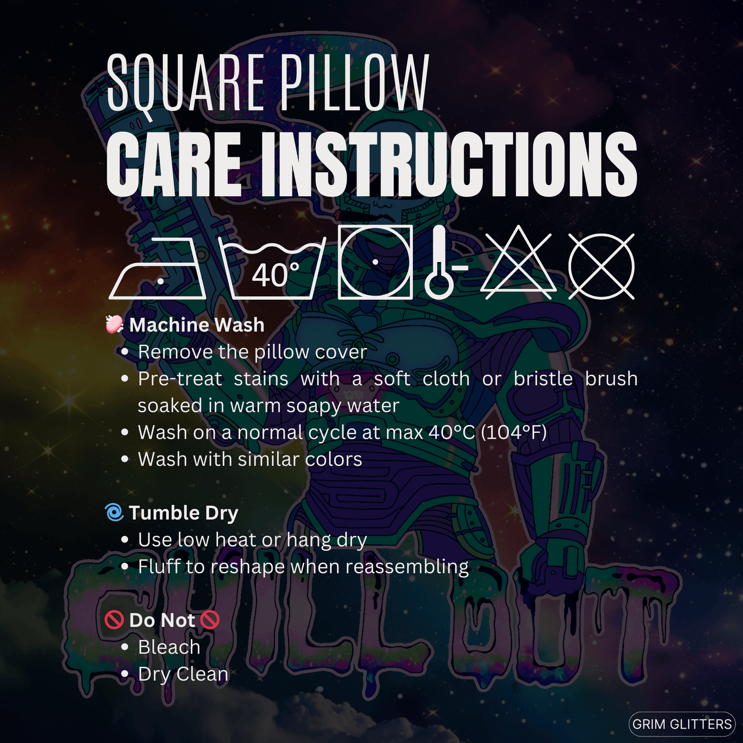 Chill Out Space Dude Square Pillow - Grim GlittersHome Decor20" × 20"