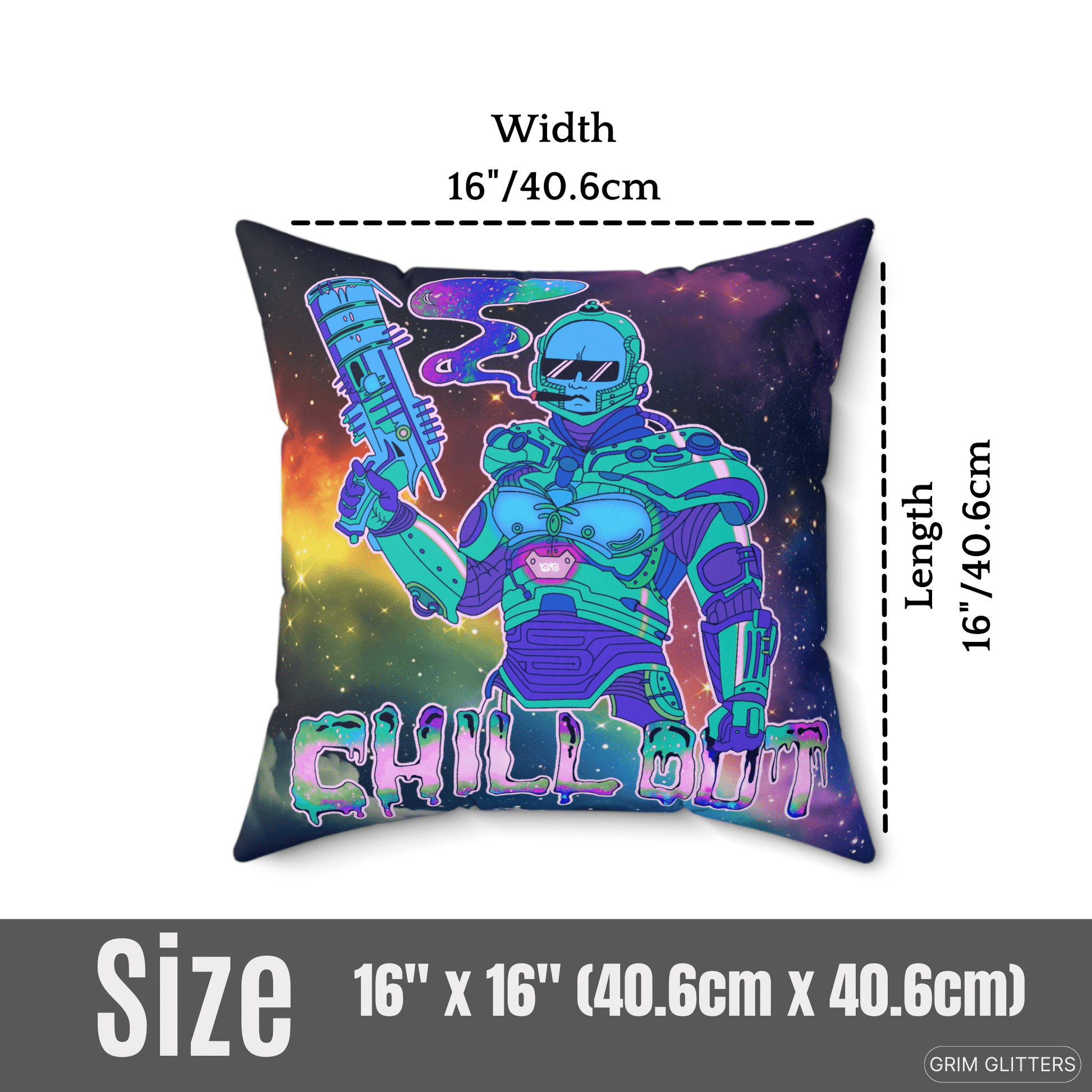 Chill Out Space Dude Square Pillow - Grim GlittersHome Decor16" × 16"