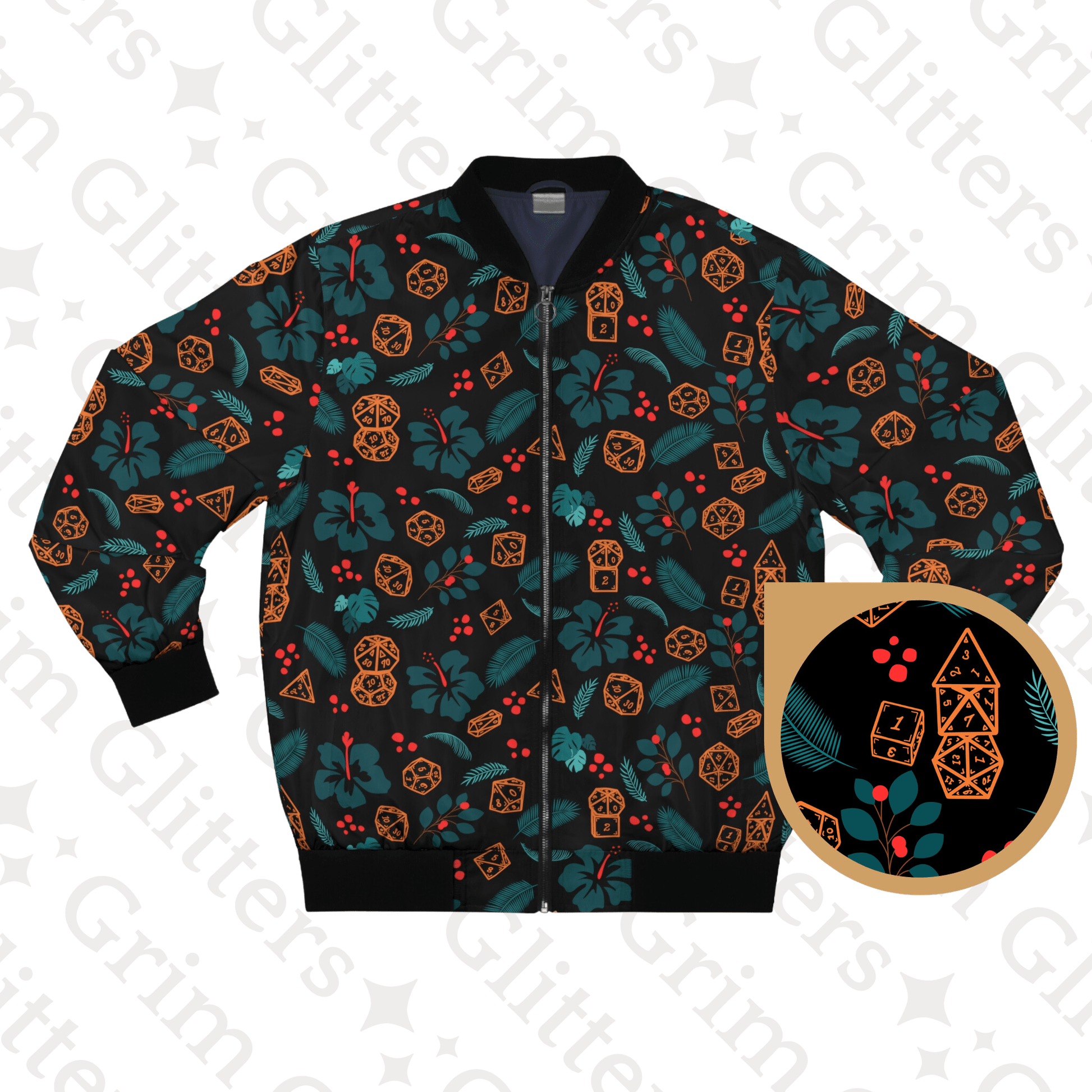 Hawaiian DnD Dice Bomber Jacket - Black Version - Grim GlittersBomber JacketsXS